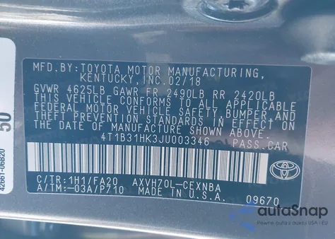 2018 Toyota Camry Hybrid Le z USA, uszkodzony, nr VIN 4T1B31HK3JU003346